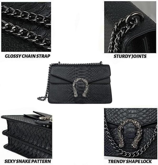 JBB Women's Crossbody Shoulder Bag Retro Snakeskin Solid Color Chain Strap Clutch Leather Bag Black - Image 4