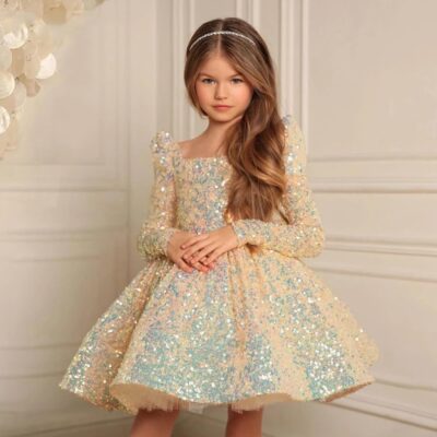 RYANTH Sequin Flower Girl Dress Long Sleeves Pageant Dress Short First Communion Dress with Bow Knot - Image 4