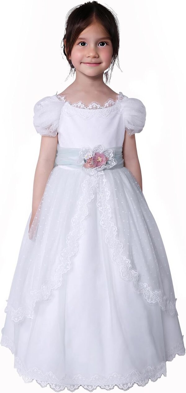 Pettigirl Girls First Communion White Flower Clothing Kids Elegant Wedding Bridesmaid Pageant Prom Ruffle Fancy Dresses