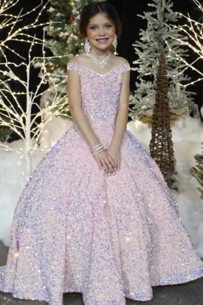 Off Shoulder Sequin Flower Girl Dresses for Wedding Sparkly Pageant Dresses Ball Gown Princess Kids Toddler Dress - Image 3