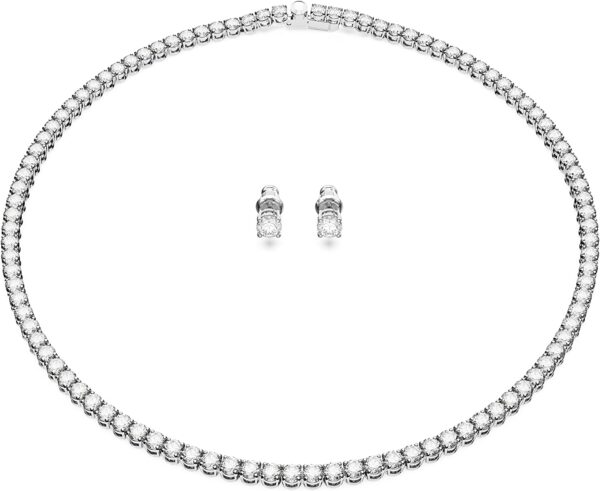 Swarovski Matrix Tennis Jewelry Set, All-Round Necklace and Pierced Stud Earrings with Clear Crystals on a Rhodium Finished Setting, Part of the Matrix Tennis Collection