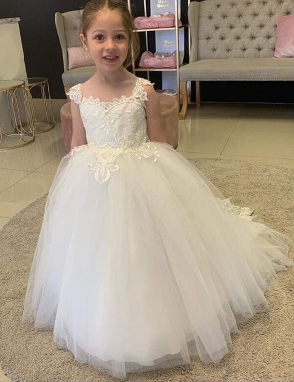 Lace Embroidery Sheer Neck Flower Girl Dress Princess Pageant Ball Gowns Kids Sweep Train - Image 2