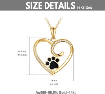 14K Gold Heart Paw Print Necklace - Real Gold Dog Cat Pendant for Women - 16-18" Adjustable - Image 4