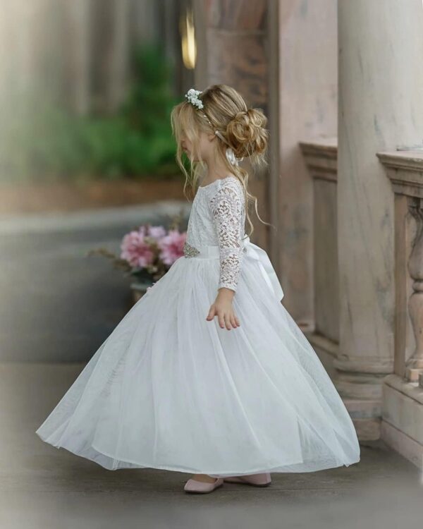 Girls Toddler Communion Full-Length Straight Tulle Boho Eyelash Lace Back Party Flower Girl Dress with Belt - Image 4