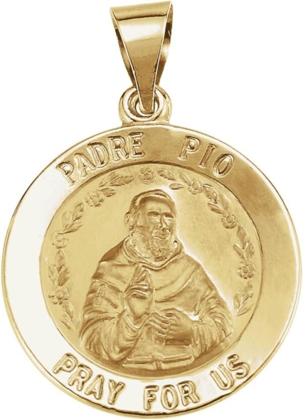 Bonyak Jewelry 14k Yellow Gold 18 mm Round Hollow Padre Pio Medal