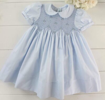 Feltman Brothers Girls Blue Portrait Dress Peter Pan Collar Smocked Bodice - Image 3