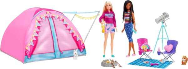 Barbie Dolls & 20 Accessories, It Takes Two Camping Tent Playset with Brooklyn & Malibu, Plus 2 Moving Animals