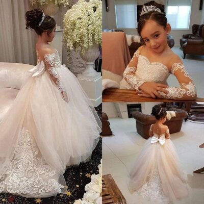 Ivory Lace Flower Girl Dress Long Sleeve Princess Gown Wedding Pageant GZY202 - Image 2