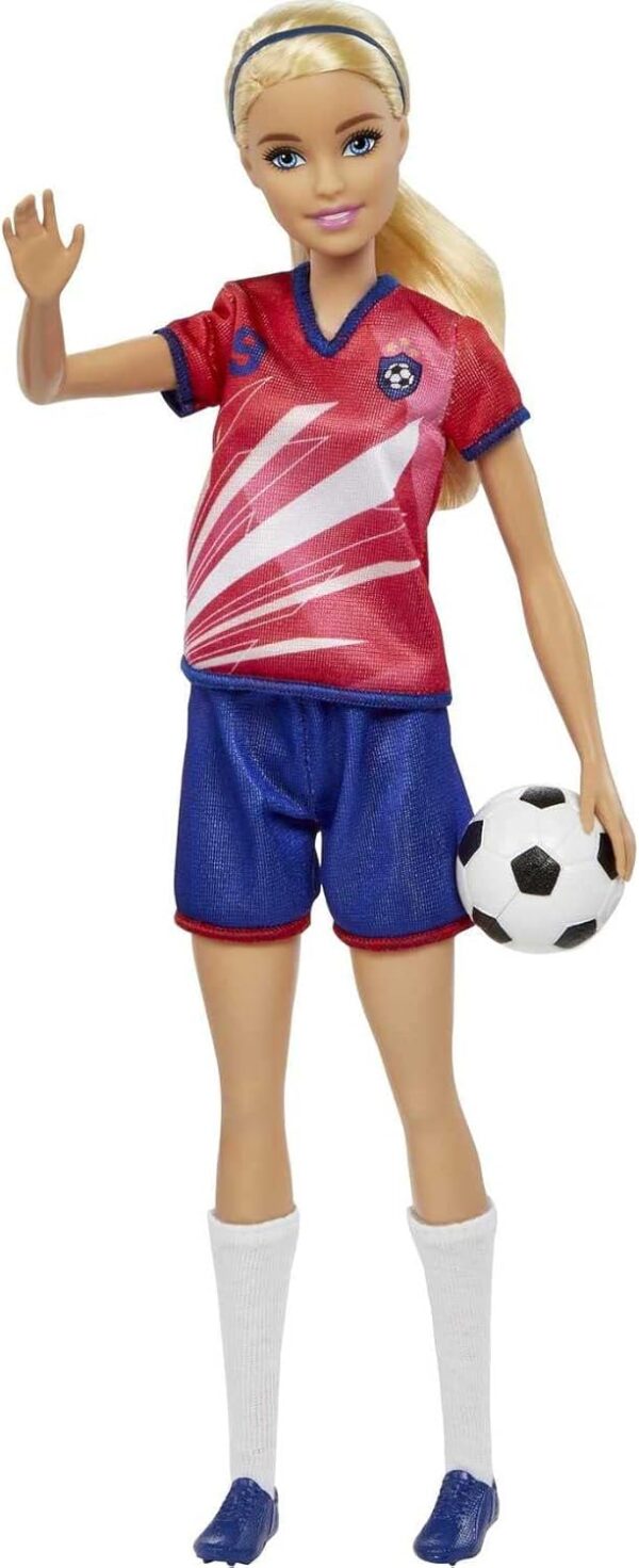 Barbie Careers Fashion Doll & Accessory, Soccer Player with Blonde Ponytail, #9 Uniform, Tall Socks, Cleats & Soccer Ball - Image 4