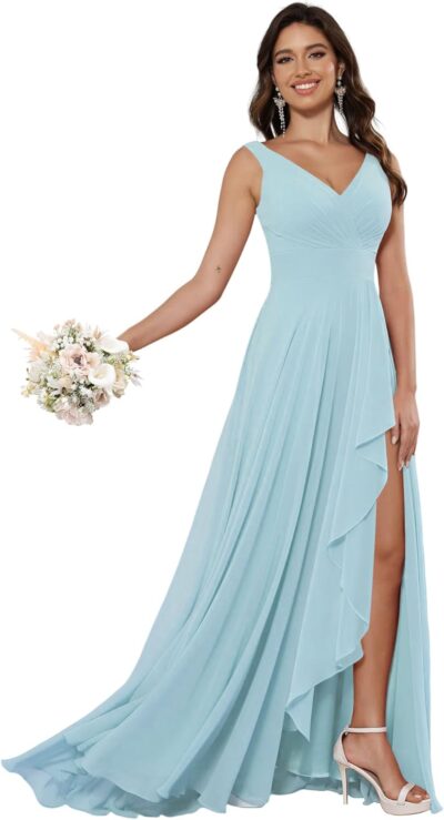 BITALY Women's Chiffon Bridesmaid Dress Long V-Neck Ruffled Formal Wedding Party Gown with Slit - BI020