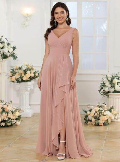 BITALY Women's Ruffled Chiffon Bridesmaid Dresses Long V Neck Formal Wedding Party Dress with Slit BI020 - Image 3