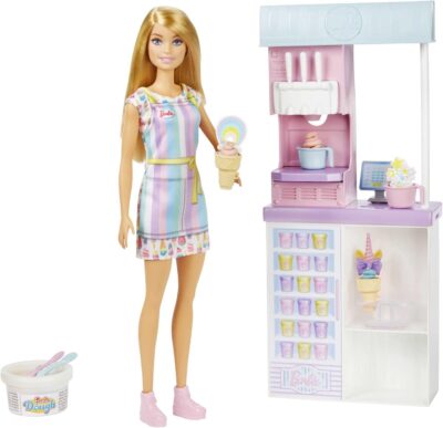 Barbie Careers Playset, Ice Cream Shop Set with Blonde Fashion Doll, Ice Cream Machine, Molds, Dough & Accessories