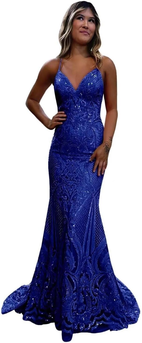 TIRAS Long Sequin V Neck Prom Dresses Spaghetti Straps Mermaid Formal Party Evening Gowns for Women CM267