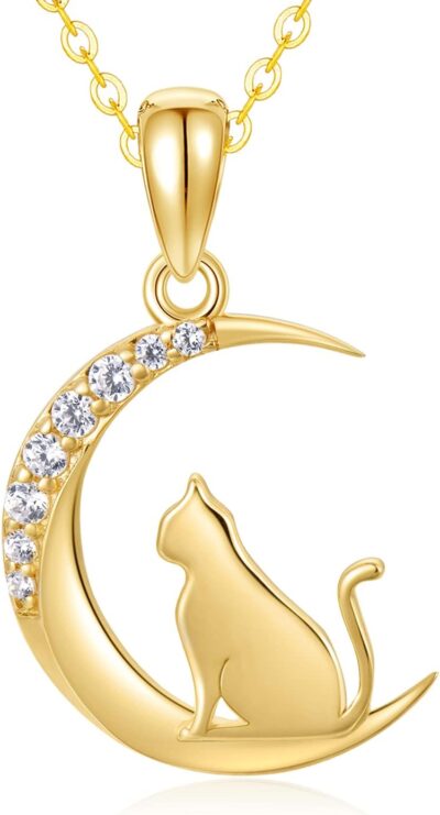 14k Gold Cat and Moon Pendant Necklace for Women, Real 14 Karat Gold Jewelry for Wife/Girlfriend, Birthday Gifts for Her, 16-18 Inch