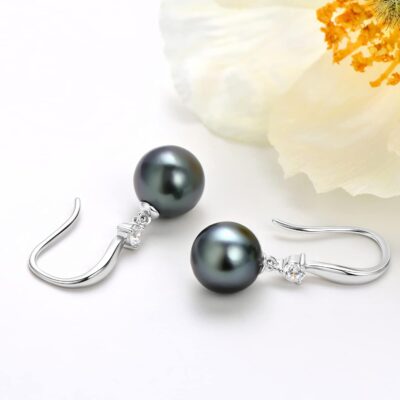 18K Gold 10-11mm Tahitian Pearl Pendant Necklace and 925 Sterling Silver 9-10mm Pearl Dangle Earrings Jewelry Set - Image 3