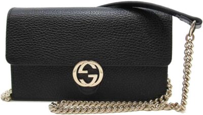 Gucci 615523 Women's Shoulder Bag, Interlocking G, Leather, Chain Strap, Outlet, Black