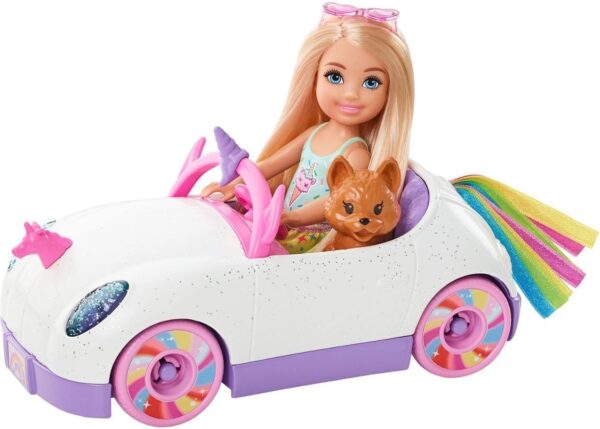 Barbie Chelsea Doll & Toy Car with Unicorn Theme, Blonde Small Doll in Removable Skirt, Pet Puppy, Sticker Sheet & Accessories - Image 3