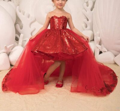 Sequin Tutu Short Flower Girl Dress Detachable Train Little Girls Party Toddler Dress - Image 4