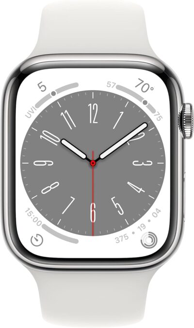 Apple Watch Series 8 (GPS + Cellular) 45mm Silver Stainless Steel Case - White Sport Band - M/L - Fitness & Blood Oxygen Tracker - Image 2