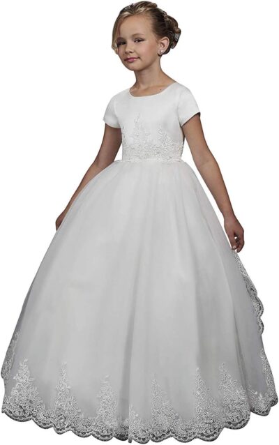 White Lace Flower Girl Dress Communion Gown Short Sleeve Princess Ball Gown with Train