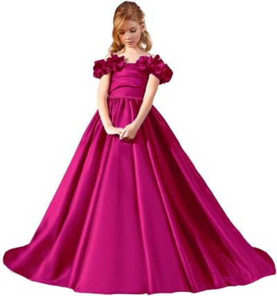 Off Shoulder Flower Girl Dress for Wedding Satin Princess Pageant Dresses for Girls Kids Party Ball Gowns with Pockets