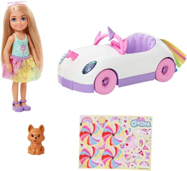 Barbie Chelsea Doll & Toy Car with Unicorn Theme, Blonde Small Doll in Removable Skirt, Pet Puppy, Sticker Sheet & Accessories - Image 4