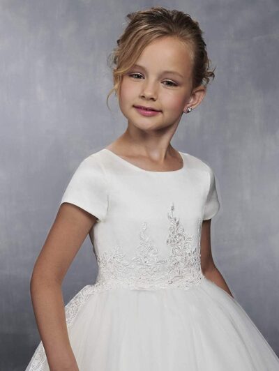 White Lace Flower Girl Dress Communion Gown Short Sleeve Princess Ball Gown with Train - Image 3