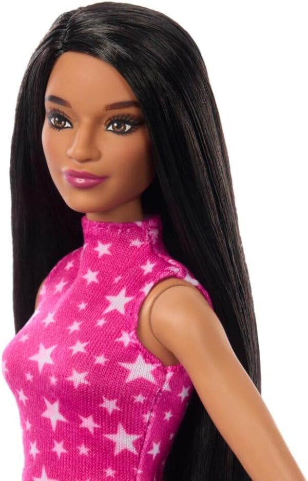 Barbie Fashionistas Doll #215 with Black Straight Hair, Pink Star-Print Top & Iridescent Skirt, 65th Anniversary Collectible Fashion Doll - Image 3