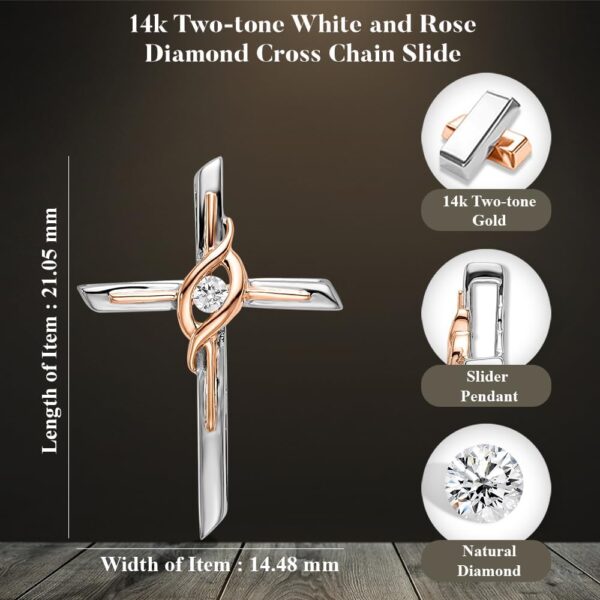 14K White and Rose Gold Diamond Cross Chain Slide Pendant (L- 0.83 Inch, W- 0.57 Inch) - Image 4