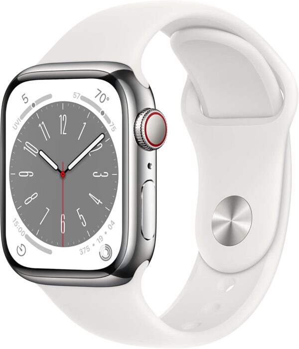 Apple Watch Series 8 (GPS + Cellular, 41mm) Silver Stainless Steel Case with White Sport Band, M/L (Renewed Premium)