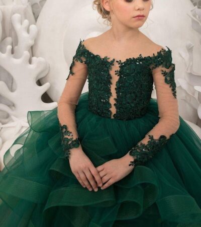 Mulanbridal Long Sleeve Flower Girls Pageant Dresses Sequin Kids Prom Puffy Tulle Ball Gown - Image 3