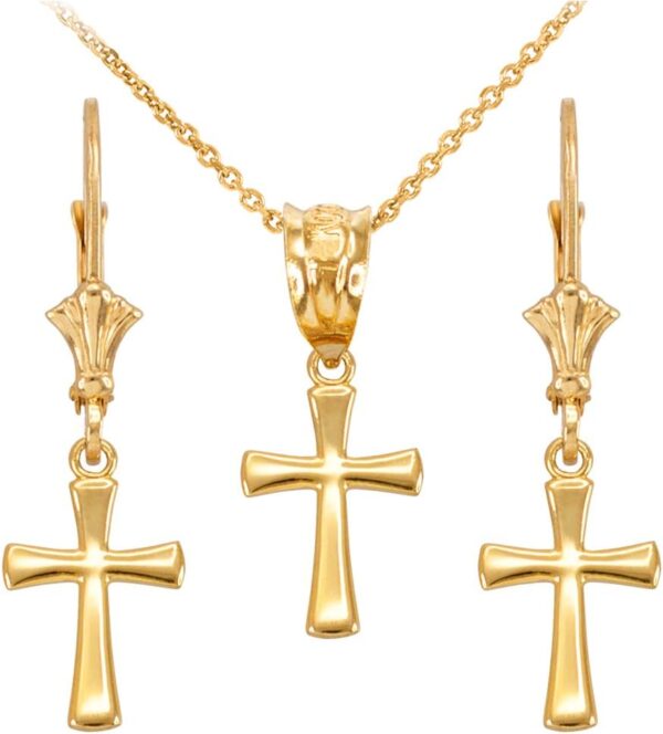 Religious Jewelry Rounded Mini Cross Pendant Necklace and Earring Set in 14k Yellow Gold