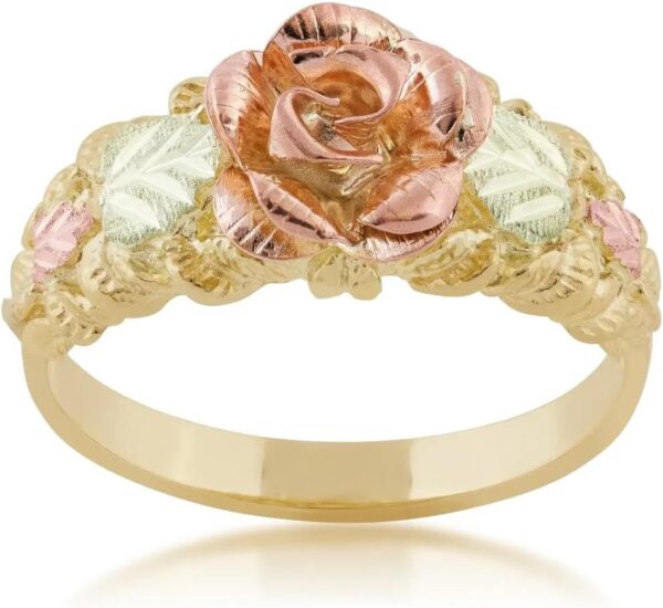 10k Yellow Gold 3D Rose Flower Accent Band, 12k Green Gold, 12k Rose Black Hills Gold Solid Gold Statement Ring Jewelry for Women, Ladies, Teens - Image 3