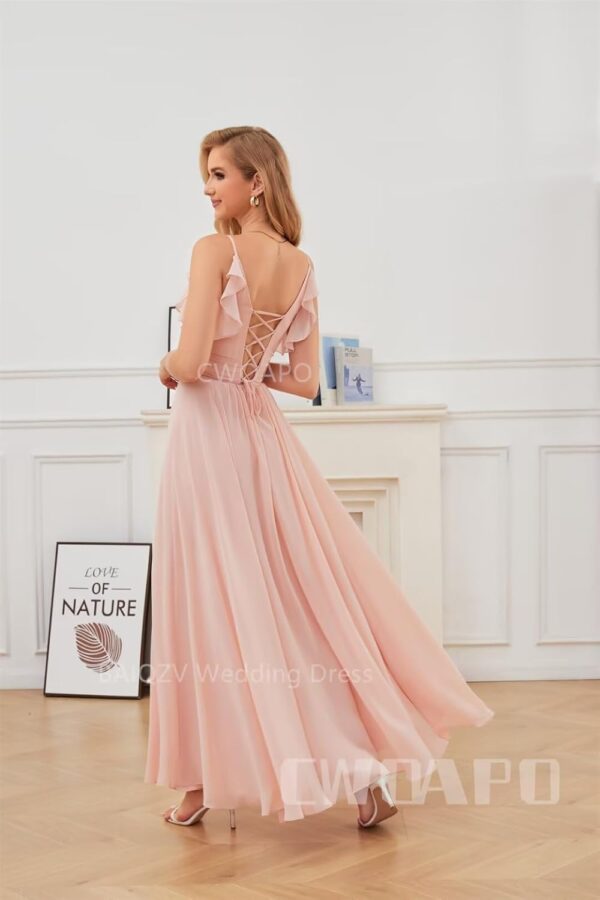 CWOAPO V Neck Bridesmaid Dresses for Wedding 2024 Long Chiffon Spaghetti Straps Formal Dress Ruffles A Line Evening Gowns - Image 3