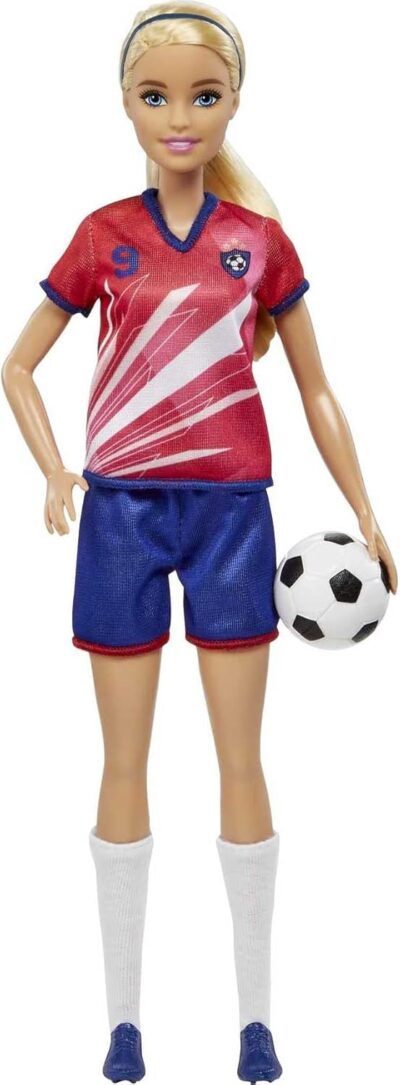 Barbie Careers Fashion Doll & Accessory, Soccer Player with Blonde Ponytail, #9 Uniform, Tall Socks, Cleats & Soccer Ball