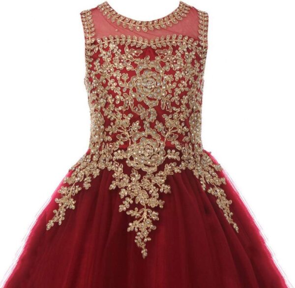 Formal Little Girls Long Pageant Dresses Prom Ball Gown Gold Lace Burgundy Tulle - Image 2