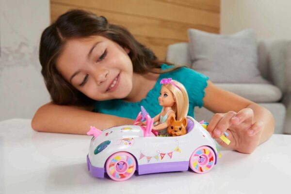 Barbie Chelsea Doll & Toy Car with Unicorn Theme, Blonde Small Doll in Removable Skirt, Pet Puppy, Sticker Sheet & Accessories - Image 2