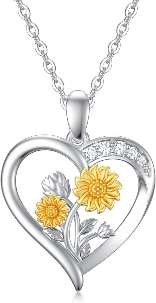 14K Real Gold Nature Diamond Heart Necklace for Women,White/Yellow Gold Sunflower Heart Pendant | You are My Sunshine,Anniversary Birthday Love Jewelry Gifts for Wife Mom 16"-18''