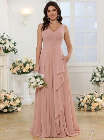 BITALY Women's Chiffon Bridesmaid Dress Long V-Neck Ruffled Formal Wedding Party Gown with Slit - BI020 - Image 2