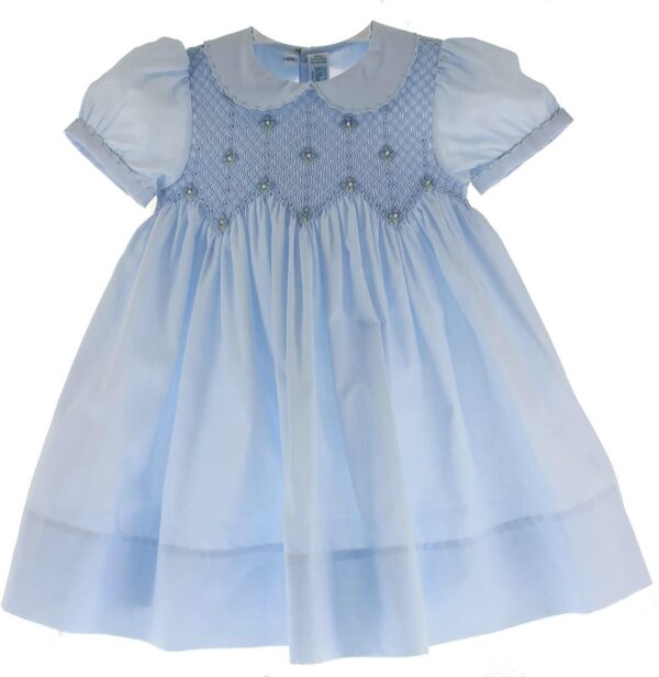 Feltman Brothers Girls Blue Portrait Dress Peter Pan Collar Smocked Bodice - Image 2