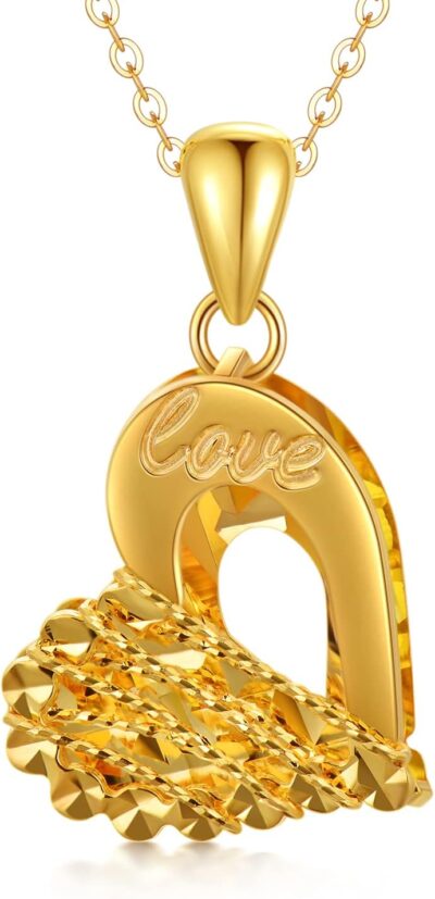 Solid 18K Gold Heart Necklace for Women, Real Gold Hollow-out Love Heart Pendant Jewelry Anniversary Christmas Gifts for Her, Mom, Wife, Girls