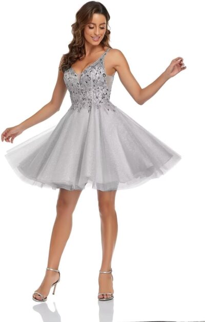 Sparkly Tulle Homecoming Dress - V-Neck Short Prom Cocktail Mini for Teens - Image 4