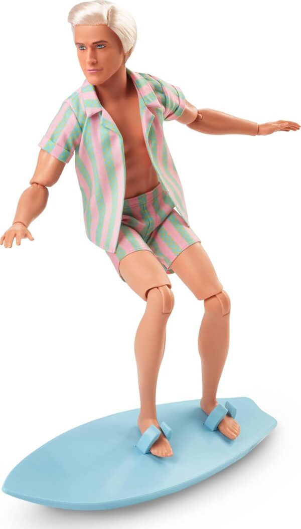 Barbie The Movie Ken Doll Wearing Pastel Pink and Green Striped Beach Matching Set with Surfboard and White Sneakers - Image 3