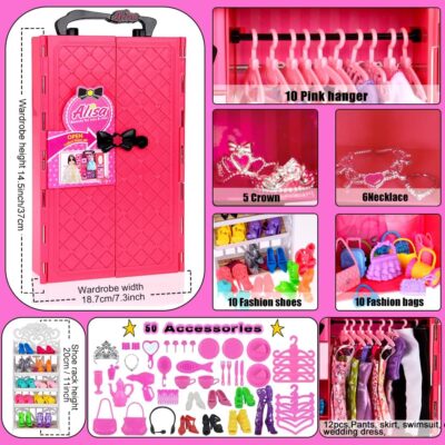 ebuddy 105 Pcs Doll Closet Wardrobe Set Closet Playest Toys Doll Clothes and Accessories for 11.5 Inch Girl Doll Including Wardrobe,Shoes Rack,Dress,Shoes Hangers,Necklace (No Doll) - Image 2