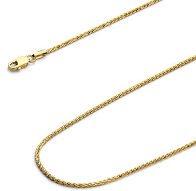 14k REAL Yellow Gold 1.5mm Diamond Cut Round Wheat Chain Necklace with Lobster Claw Clasp - Image 2