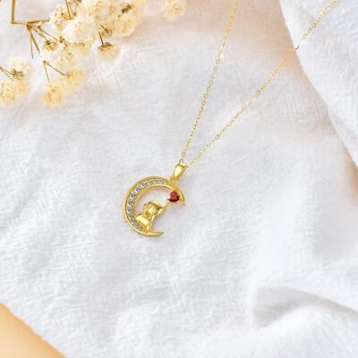 14K Gold Lucky Elephant Necklace with Garnet Moon Necklace with Moissanite Cute Animal Jewelry Gift for Women - Image 3