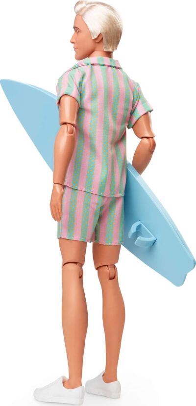 Barbie The Movie Ken Doll Wearing Pastel Pink and Green Striped Beach Matching Set with Surfboard and White Sneakers - Image 5