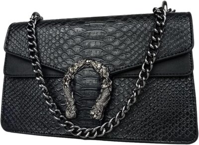 JBB Women's Crossbody Shoulder Bag Retro Snakeskin Solid Color Chain Strap Clutch Leather Bag Black