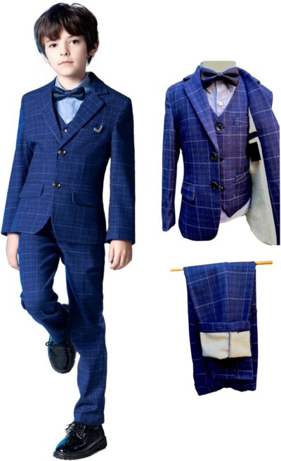 Boys 5-Piece Formal Suit Set, Kids Slim Fit Tuxedo, Ring Rack Set, Piano Performance, Blue Plaid Suit, Velvet Warmth