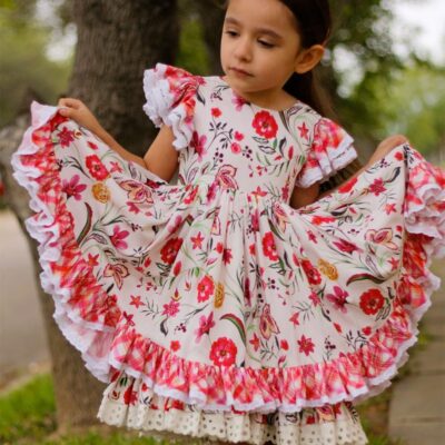 Girl Dress, Embroidered Floral Heirloom, Lace Crew Collar, Puff Sleeve, Cotton Kids Casual Clothing… - Image 2